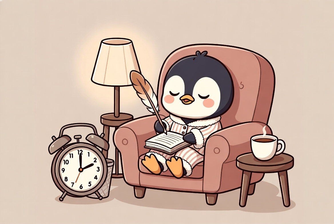 cartoon penguin writing in chair in morning