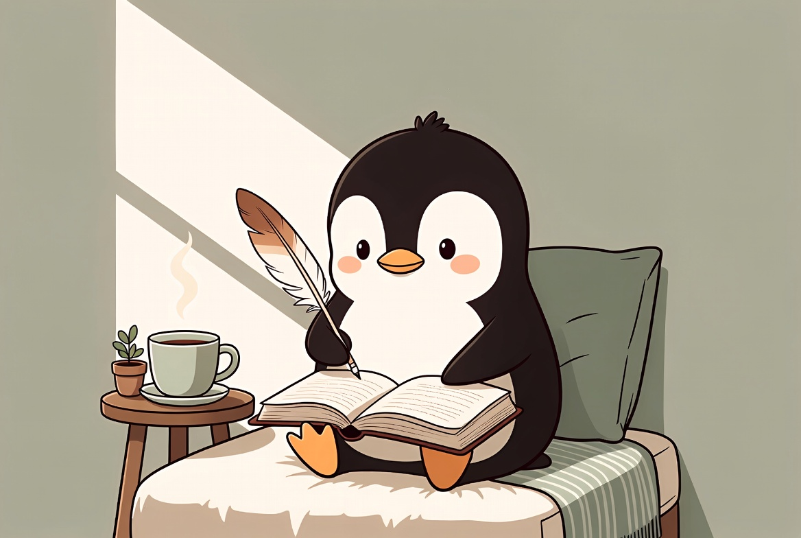 cartoon penguin journaling on bed