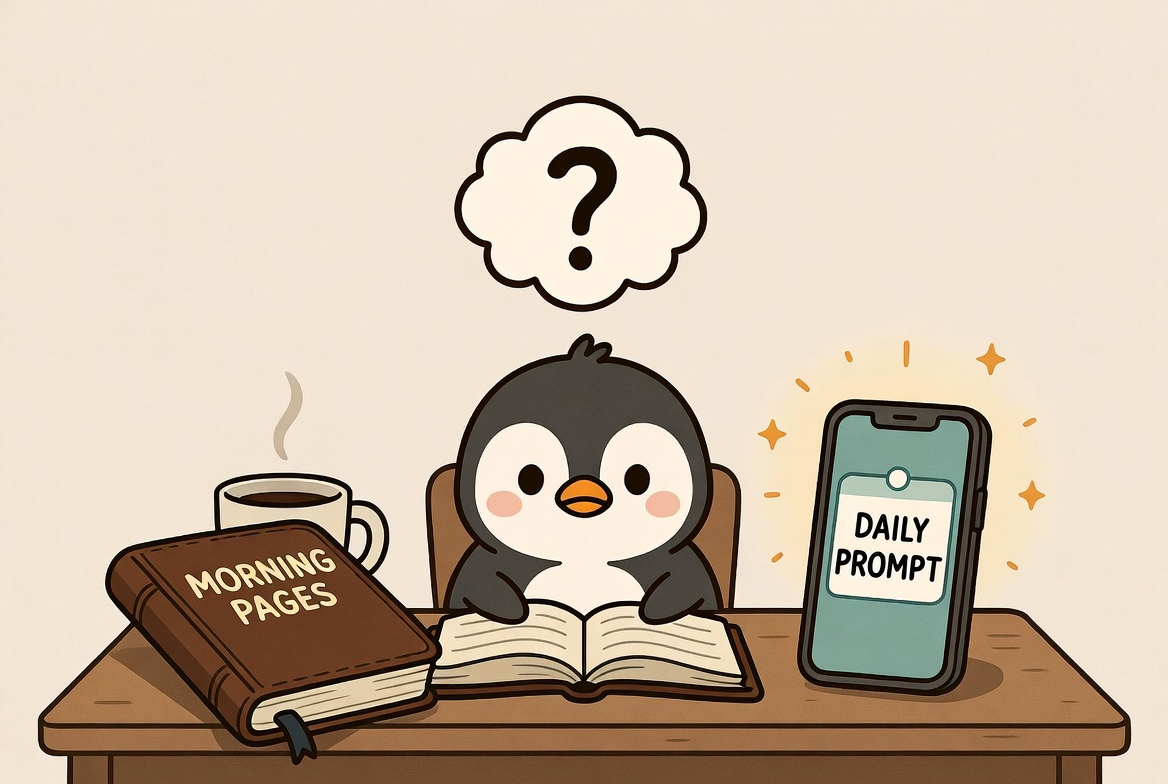 cartoon penguin deciding between daily prompt and morning pages
