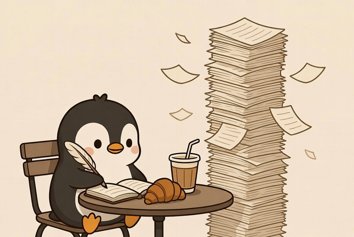 cartoon penguin with croissant and coffee writing
