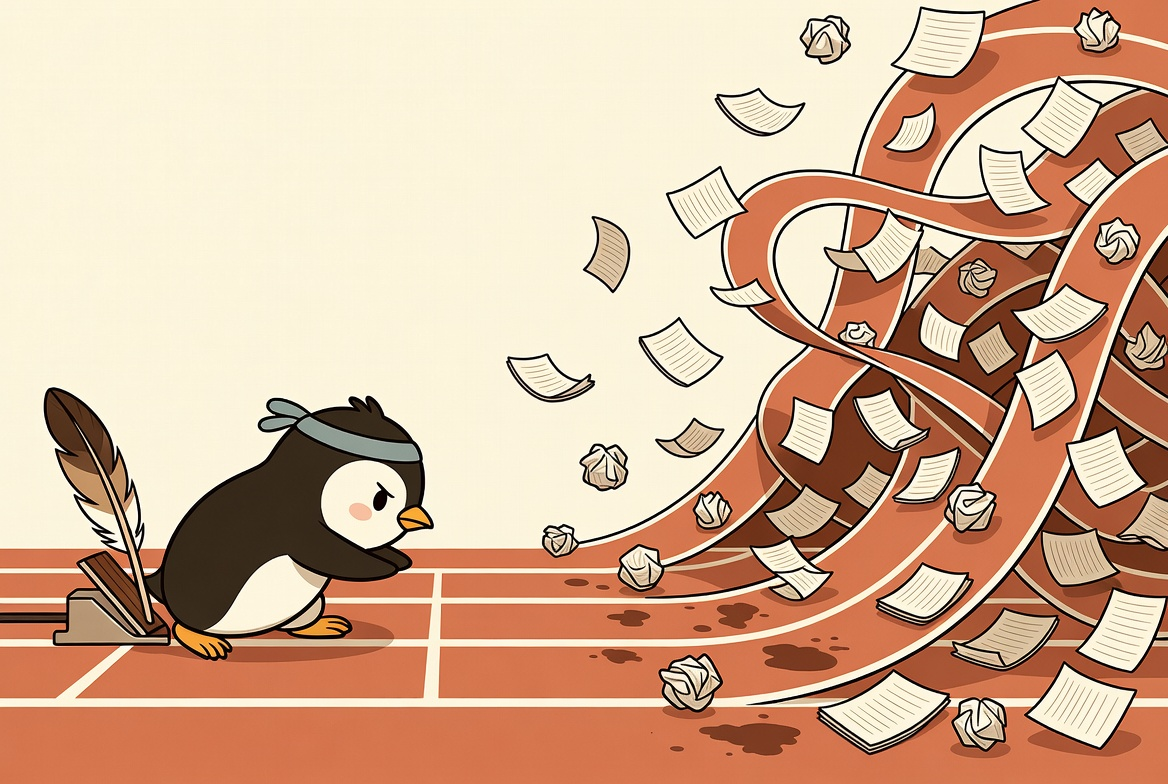 cartoon penguin at starting line of chaos