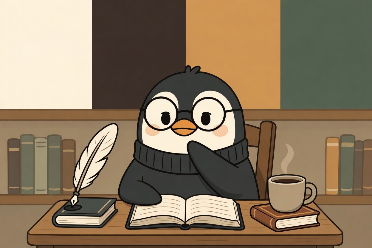 cartoon penguin writer core sitting at desk