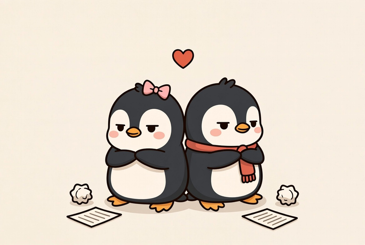 two cartoon penguin enemies turned lovers