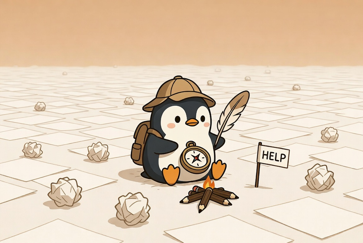 cartoon penguin in writing desert