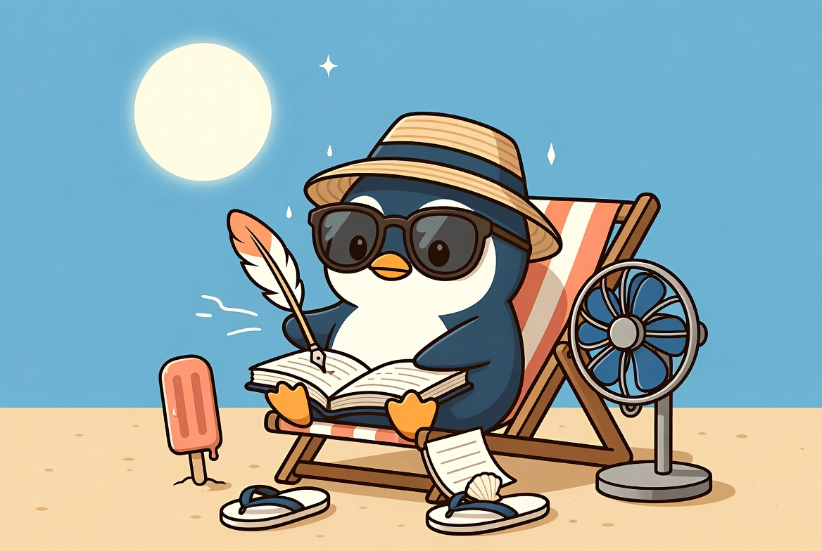 cartoon penguin at beach in chair